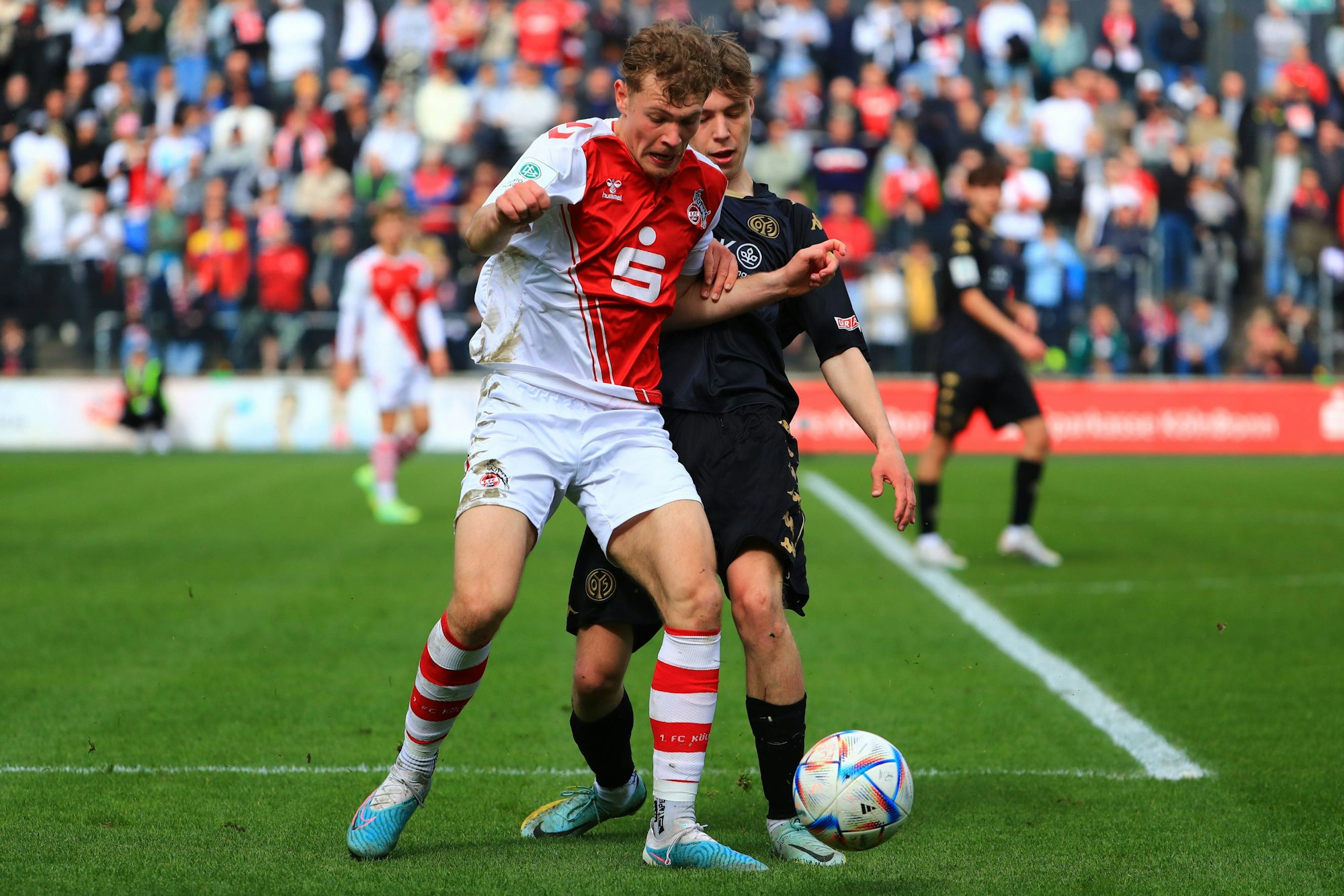 Tim Mueller Mainz im Zweikampf mit Luis Miguel Cortijo Lange Koeln 1. FC Koeln vs 1. FSV Mainz 05, Fussball, A-Junioren-Bundesliga, 14.04.2023 DFB regulations prohibit any use of photographs as image sequences and/or quasi-video. 1. FC Koeln vs 1. FSV Mainz 05, Fussball, A-Junioren-Bundesliga, 14.04.2023 Koeln *** Tim Mueller Mainz in duel with Luis Miguel Cortijo Lange Koeln 1 FC Koeln vs 1 FSV Mainz 05, Football, A Junioren Bundesliga, 14 04 2023 DFB regulations prohibit any use of photographs as image sequences and or quasi video 1 FC Koeln vs 1 FSV Mainz 05, Football, A Junioren Bundesliga, 14 04 2023 Koeln Copyright: xEibner-Pressefotox EP_RWS