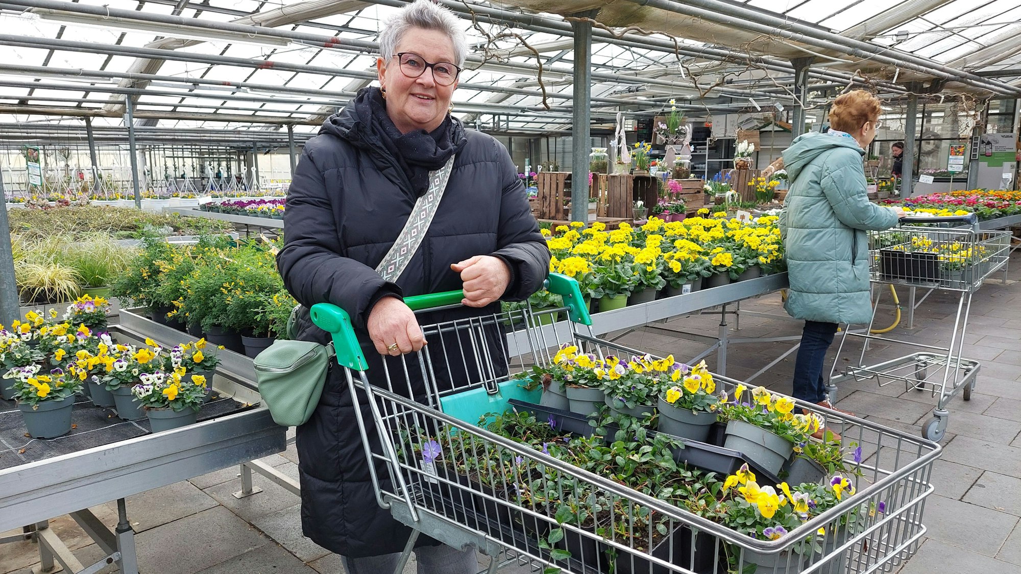 Kundin mit Einkaufswagen voller Planzen