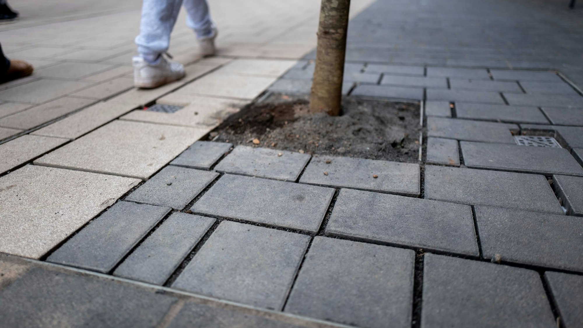 Das Bild zeigt einen Teil des neu verlegten Pflasters. Zu erkennen sind große Lücken zwischen den Fugen.