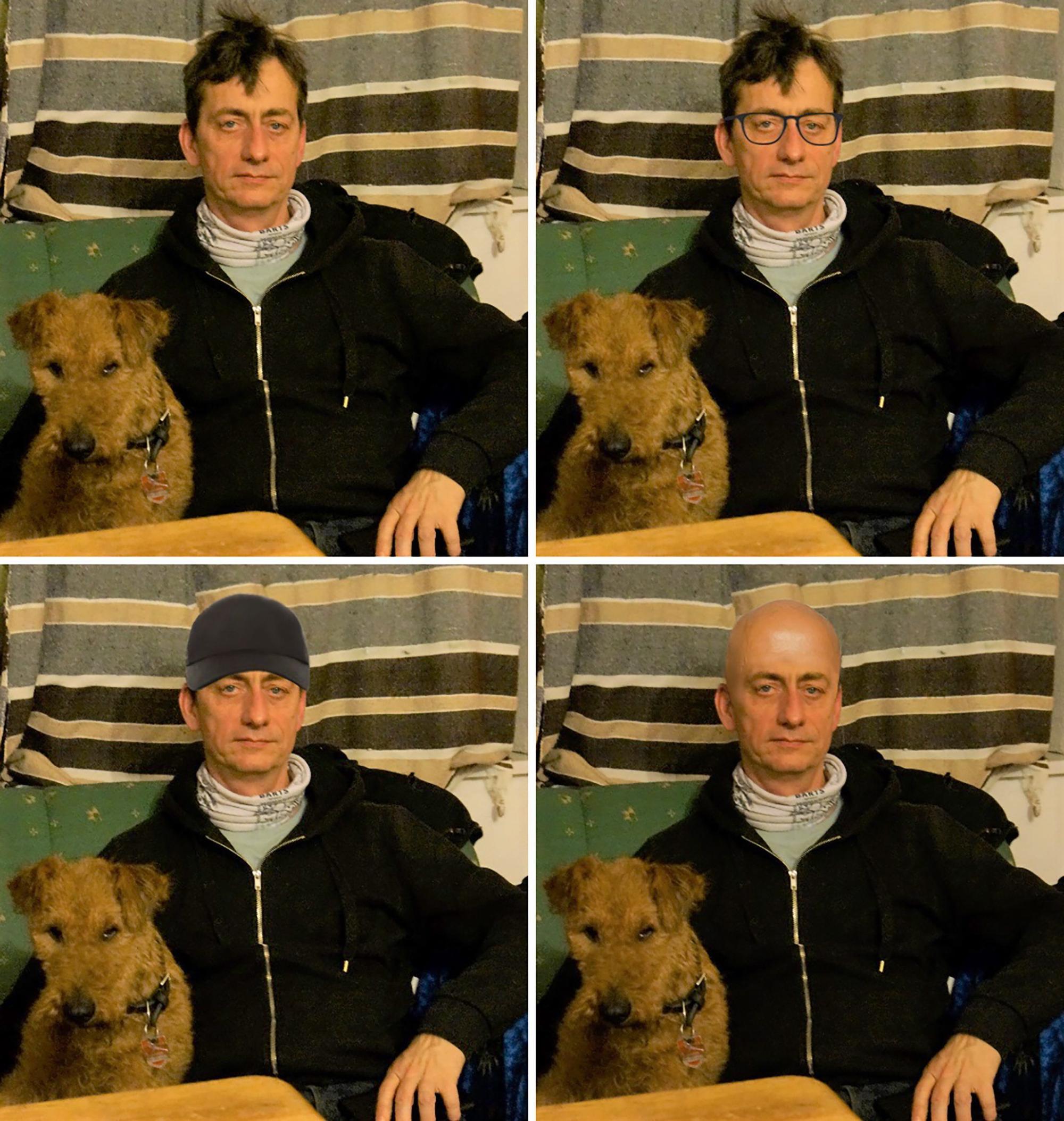 Das aktuelle Original-Foto oben links zeigt nach Angaben des Landeskriminalamtes Niedersachsen mit sehr hoher Wahrscheinlichkeit Burkhard Garweg, die drei anderen Bilder sind technisch verfremdete Versionen, da nicht ausgeschlossen werden kann, dass der Beschuldigte sein Aussehen verändert hat.