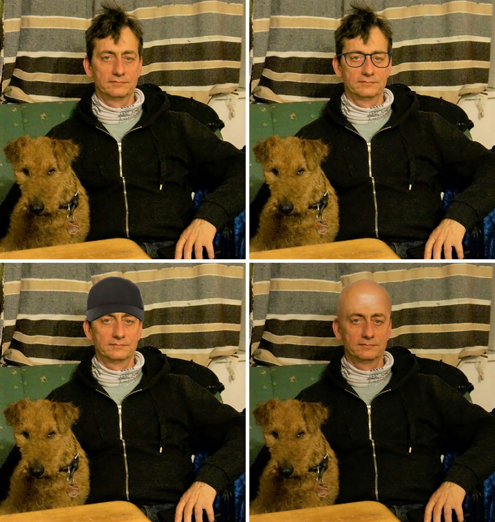Das aktuelle Original-Foto oben links zeigt nach Angaben des Landeskriminalamtes Niedersachsen mit sehr hoher Wahrscheinlichkeit Burkhard Garweg, die drei anderen Bilder sind technisch verfremdete Versionen, da nicht ausgeschlossen werden kann, dass der Beschuldigte sein Aussehen verändert hat.