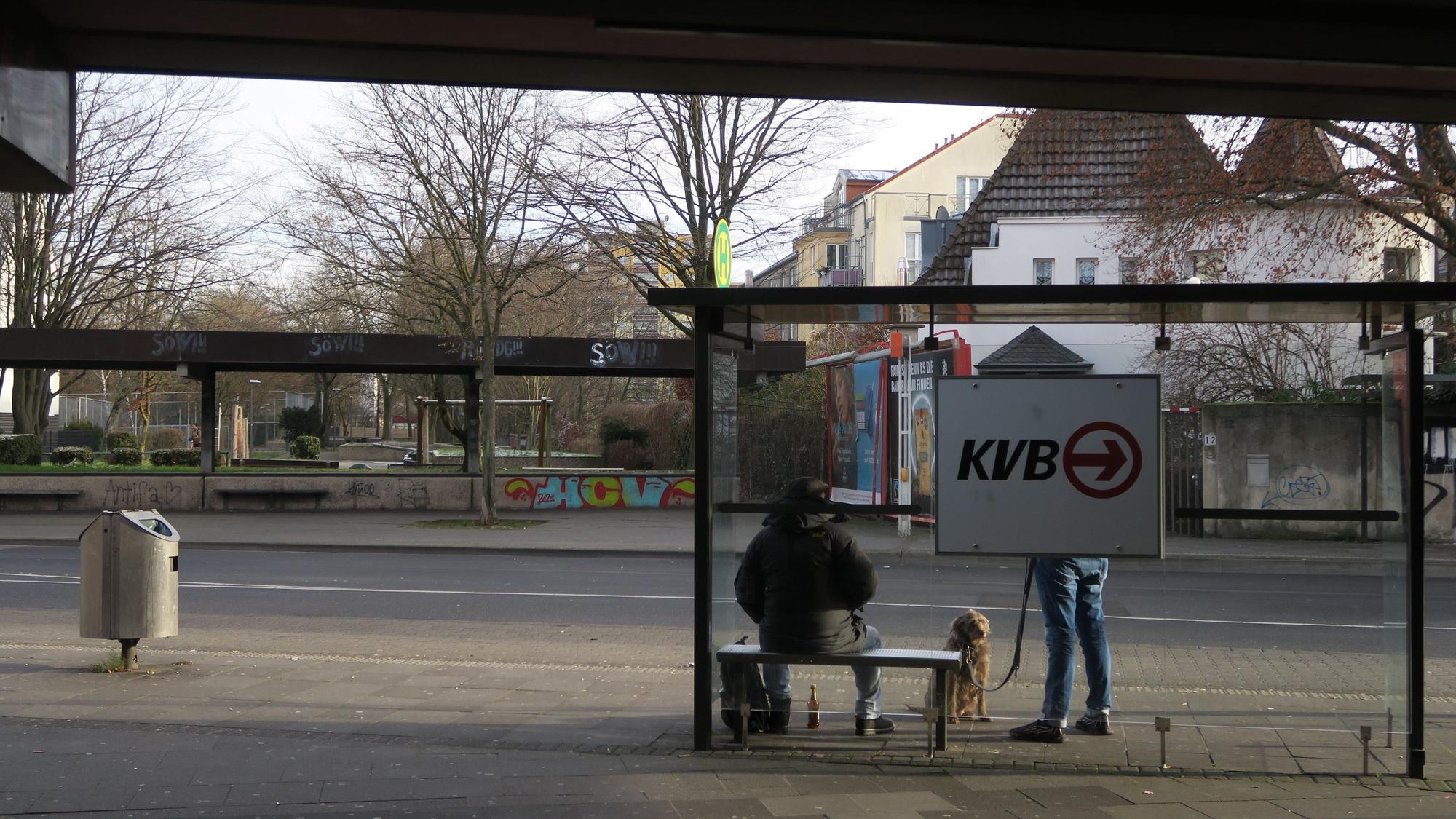 An einer Bushaltestelle warten zwei Fahrgäste, einer hat einen Hund dabei.