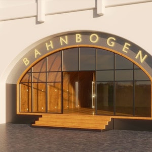 Eine Visualisierung zeigt ein Holzmodul, das in einen Bahnbogen eingepasst wurde.