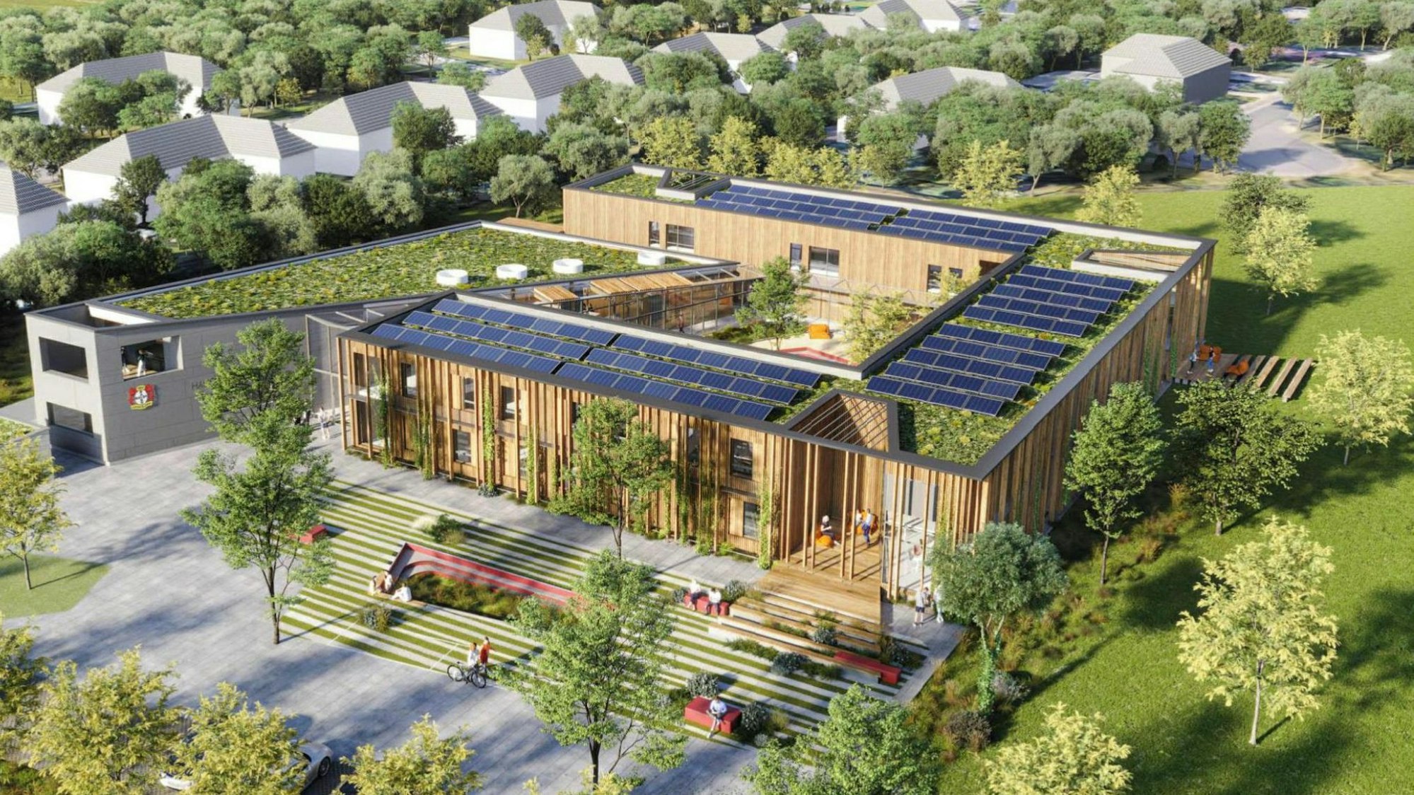 Illustration des Architektenbüros für das neue Sportlerheim im Kurtekotten, oben rechts im Bild der vorhandene Wendehammer am Stichweg der Elisabeth-Langgässer-Straße