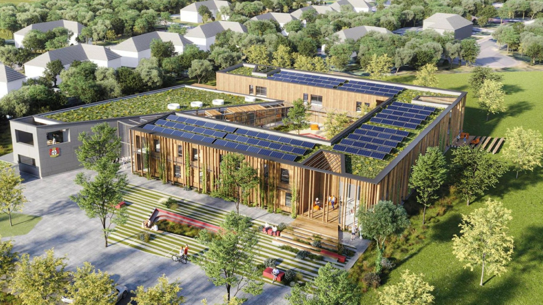 Illustration des Architektenbüros für das neue Sportlerheim im Kurtekotten, oben rechts im Bild der vorhandene Wendehammer am Stichweg der Elisabeth-Langgässer-Straße