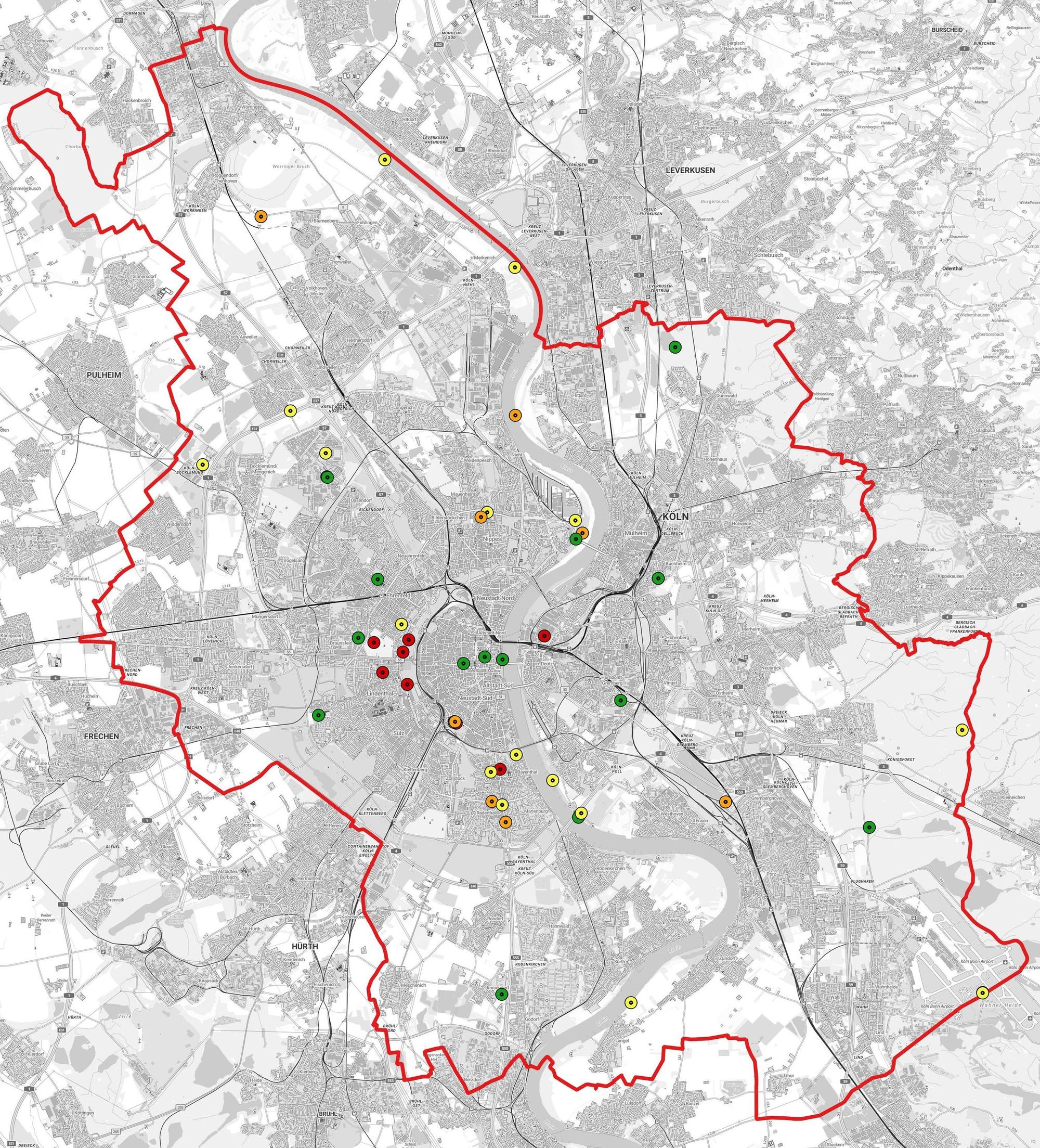 Rot umrandete Karte des Stadtgebiets mit verschiedenfarbigen Punktmarkierungen.