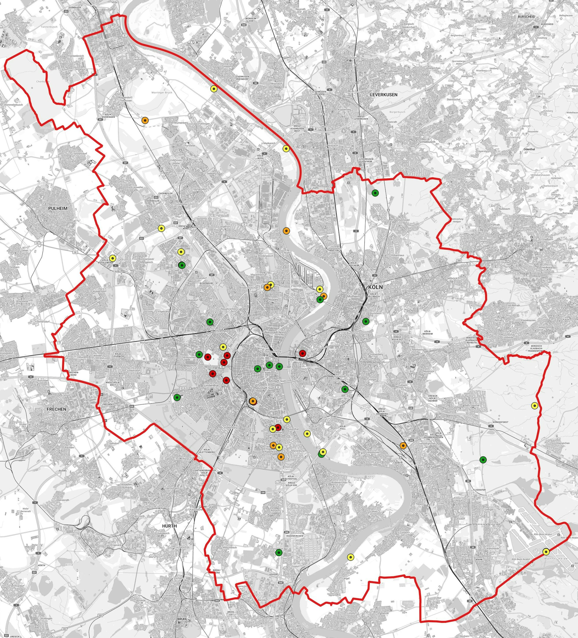 Rot umrandete Karte des Stadtgebiets mit verschiedenfarbigen Punktmarkierungen.