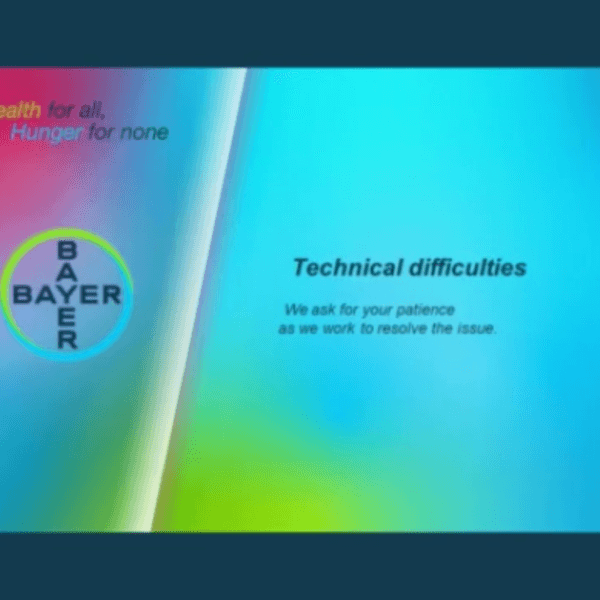 Bildschirmfoto der Videokonferenz zu Bayer Bilanz für 2023. Eingeblendet ist der Vorstand und die Nachricht „Technical difficulties“