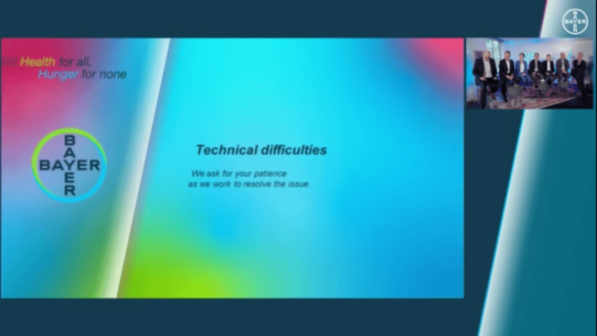 Bildschirmfoto der Videokonferenz zu Bayer Bilanz für 2023. Eingeblendet ist der Vorstand und die Nachricht „Technical difficulties“