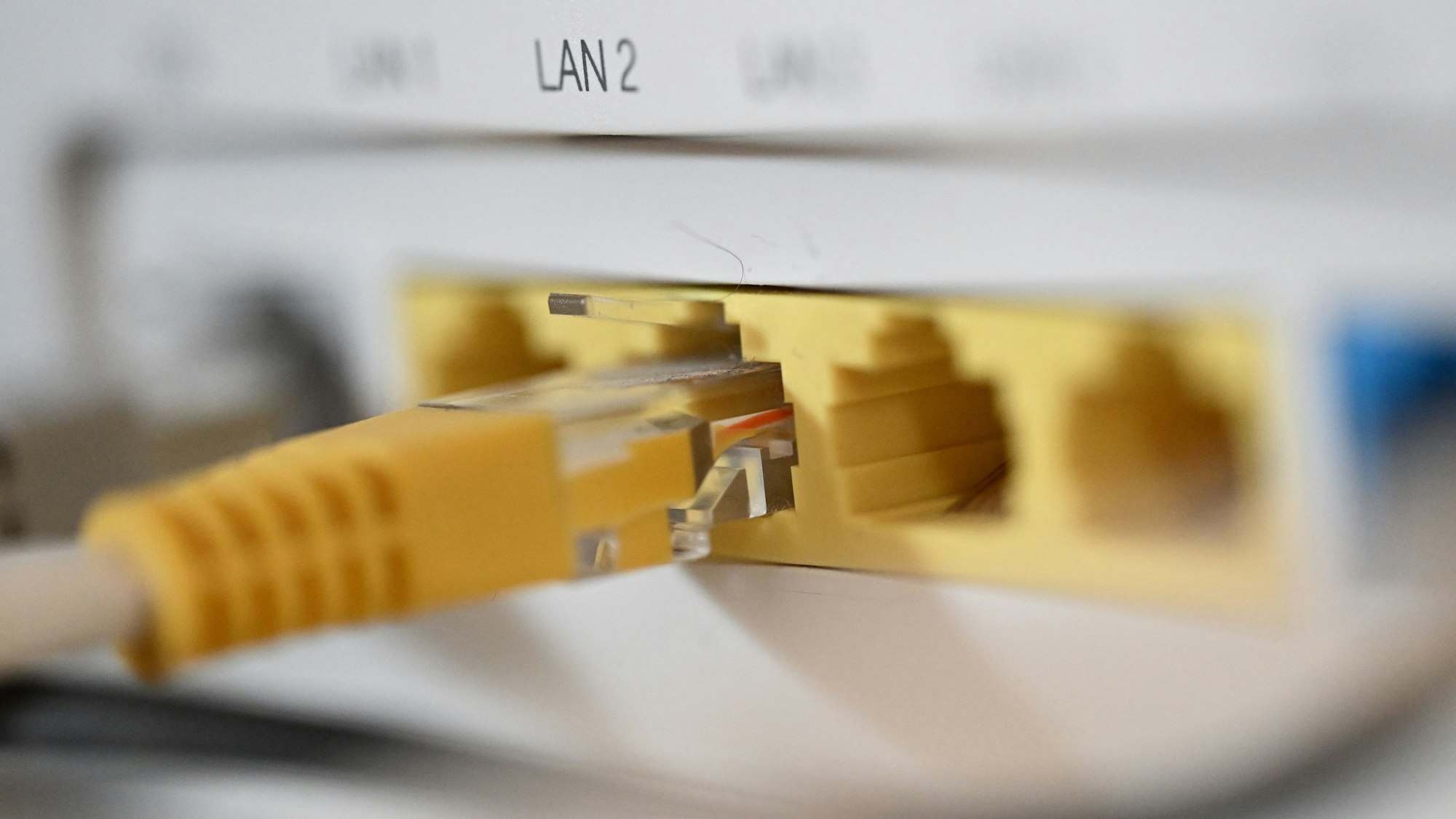 Ein Lan-Kabel steckt in einem Router für einen privaten Kabelanschluss.