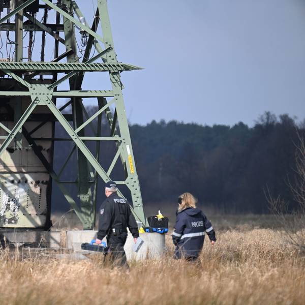 Die Polizei ermittelt an einem beschädigten Strommast auf einem Feld. In der Tesla-Autofabrik in Grünheide steht die Produktion wegen des dadurch verursachten Stromausfalls still.