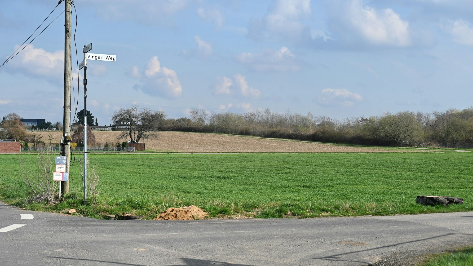 Der Feldweg Vinger Weg, dahinter eine Wiese.