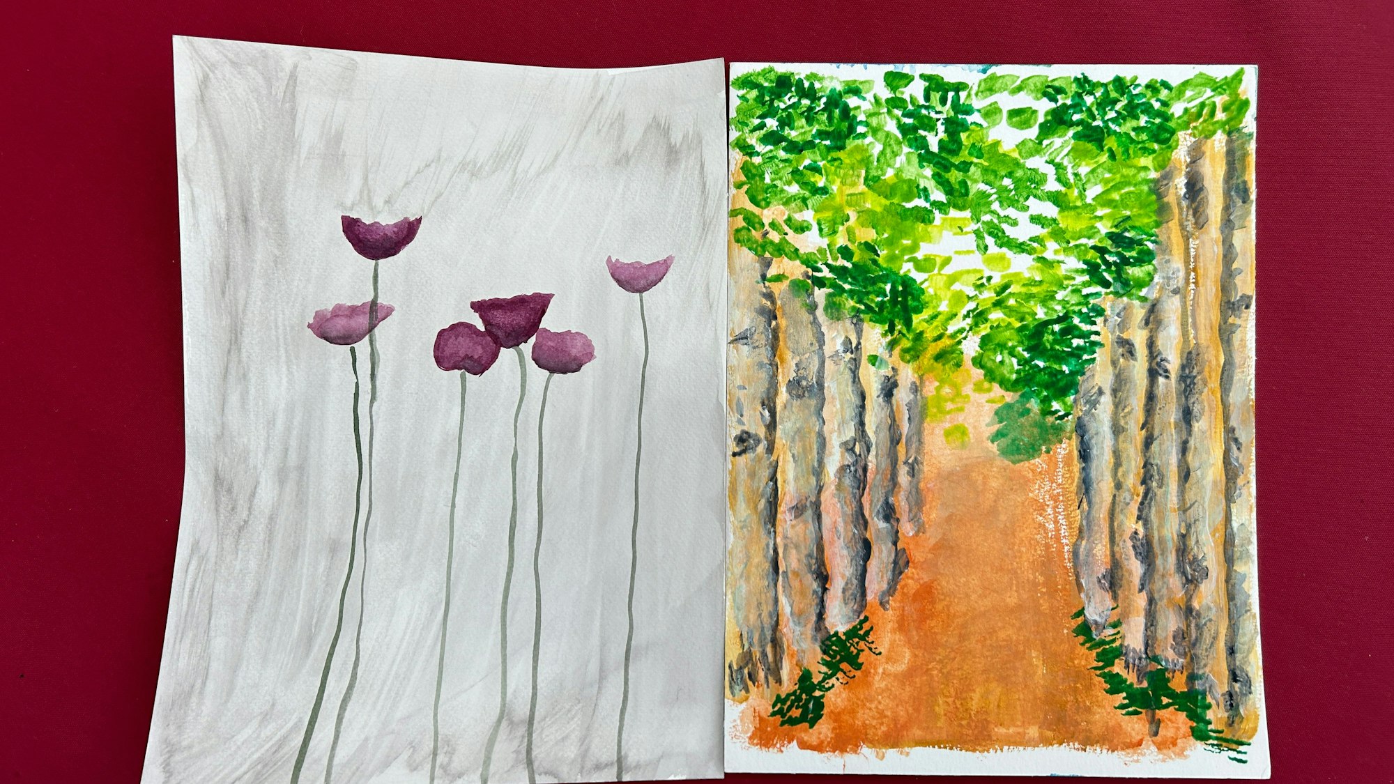 Ein Bild zeigt sechs Blumen mit roter Blüte, das andere eine Allee.