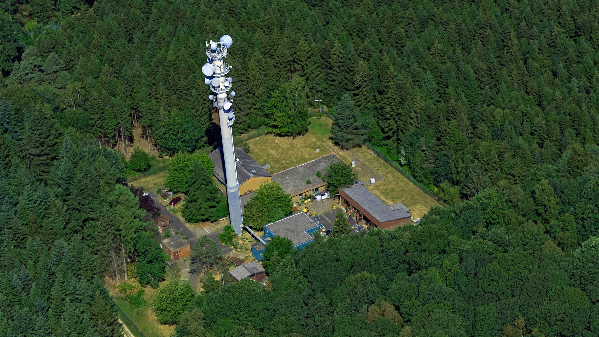 Hoher Funkmast im Wald, umgeben von Gebäuden