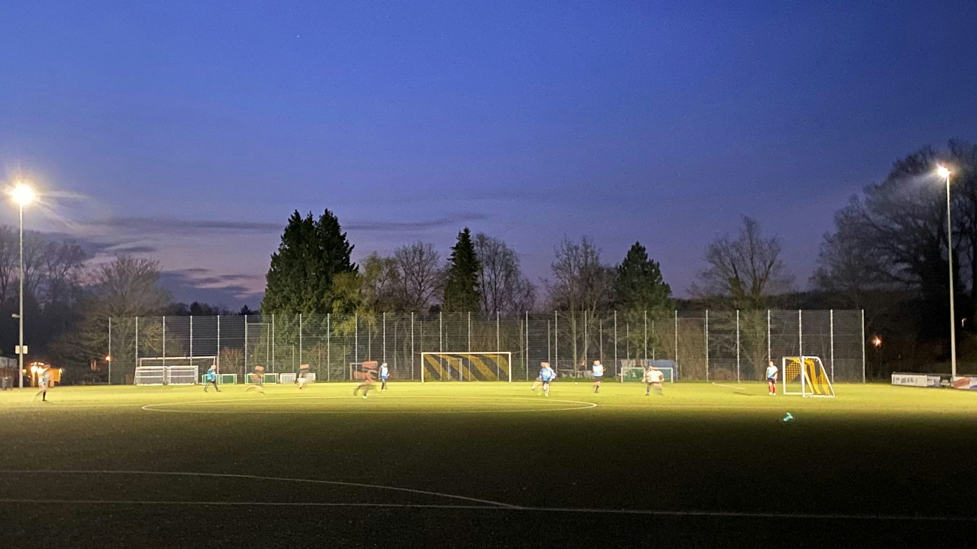 Zu sehen ist der von Flutlicht erhellte Fußballplatz in Brühl-Heide.