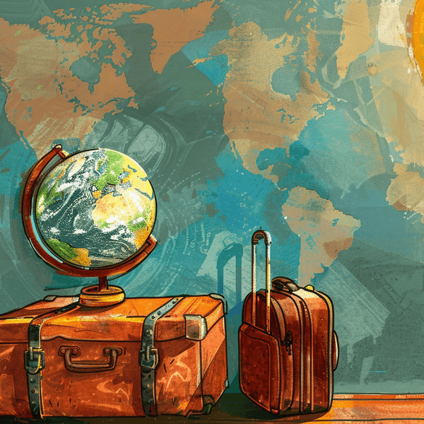 Illustration: Koffer und Weltkugel
