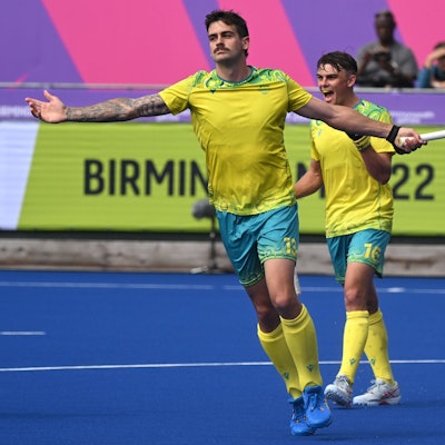 COM22 HOCKEY, Blake Govers of Australia celebrates after scoring a goal during The Mens Pool Hockey match between Australia and Scotland on Day 3 of the XXII Commonwealth Games at University Hockey and Squash Centre in Birmingham, England, Sunday, July 31, 2022.  ACHTUNG: NUR REDAKTIONELLE NUTZUNG, KEINE ARCHIVIERUNG UND KEINE BUCHNUTZUNG BIRMINGHAM UNITED KINGDOM PUBLICATIONxINxGERxSUIxAUTxONLY Copyright: xDEANxLEWINSx 20220731001685171246