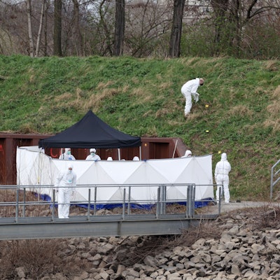 Beamte der Spurensicherung durchkämmen ein Grünstück auf der Landzunge im Mülheimer Hafen.