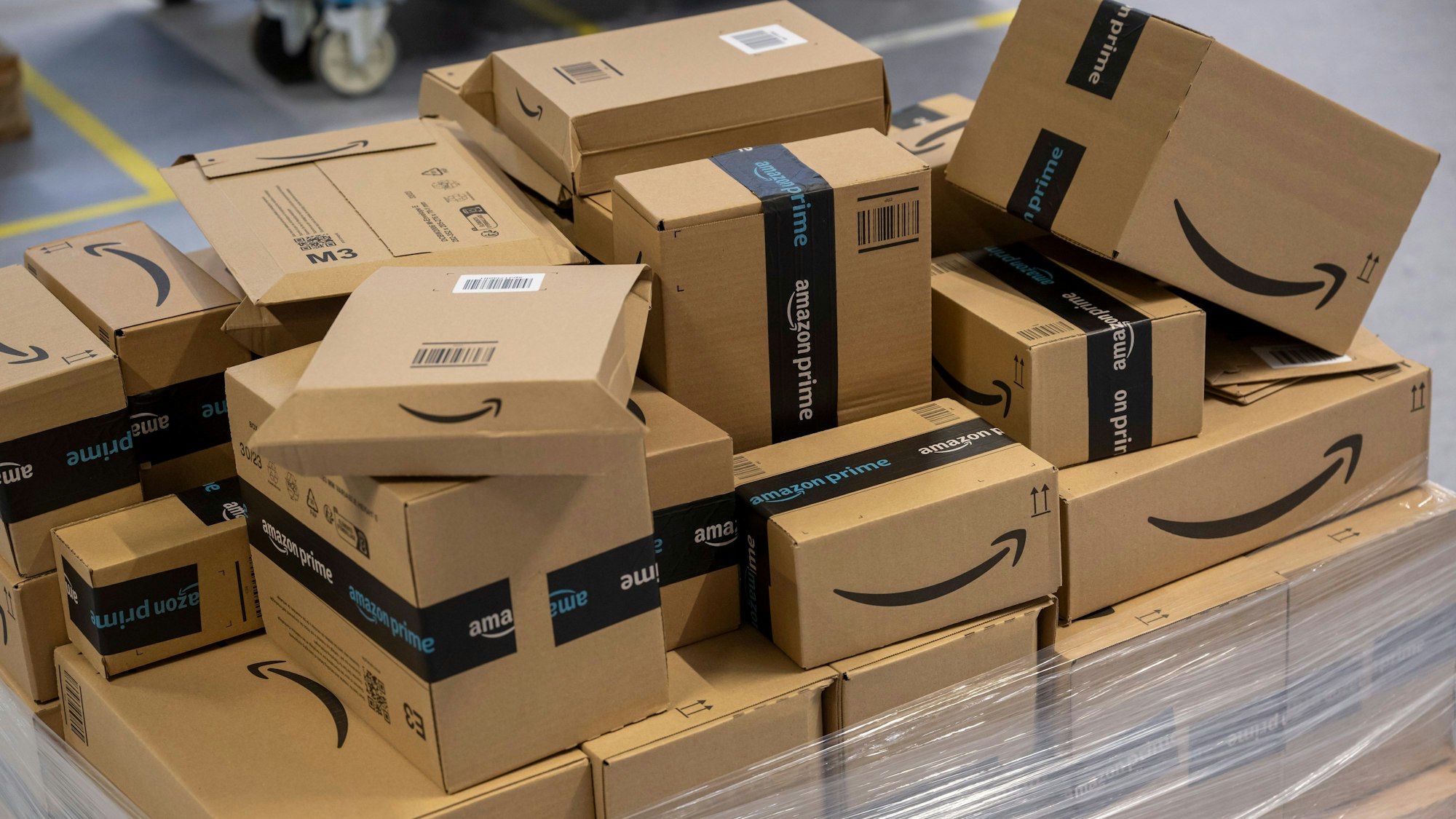 ARCHIV - 14.11.2023, Bayern, Erding: Pakete liegen im Amazon-Sortierzentrum in Erding auf einer Palette.