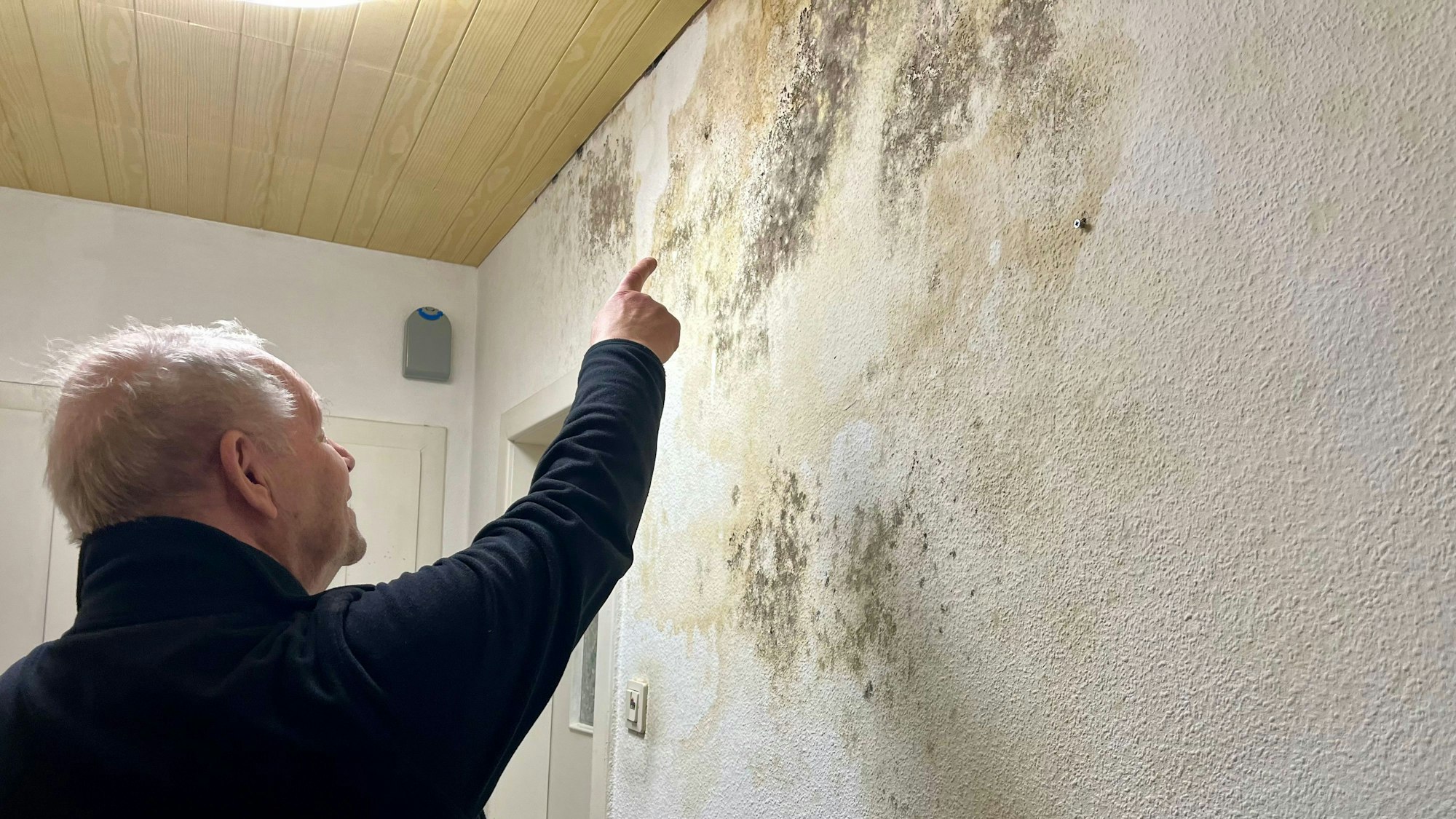 Mann zeigt auf großen Schimmelfleck an der Wand