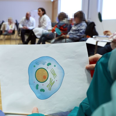 Die Kinder sitzen im Stuhlkreis, im Vordergrund ist eine Abbildung mit einer menschlichen Zelle zu sehen