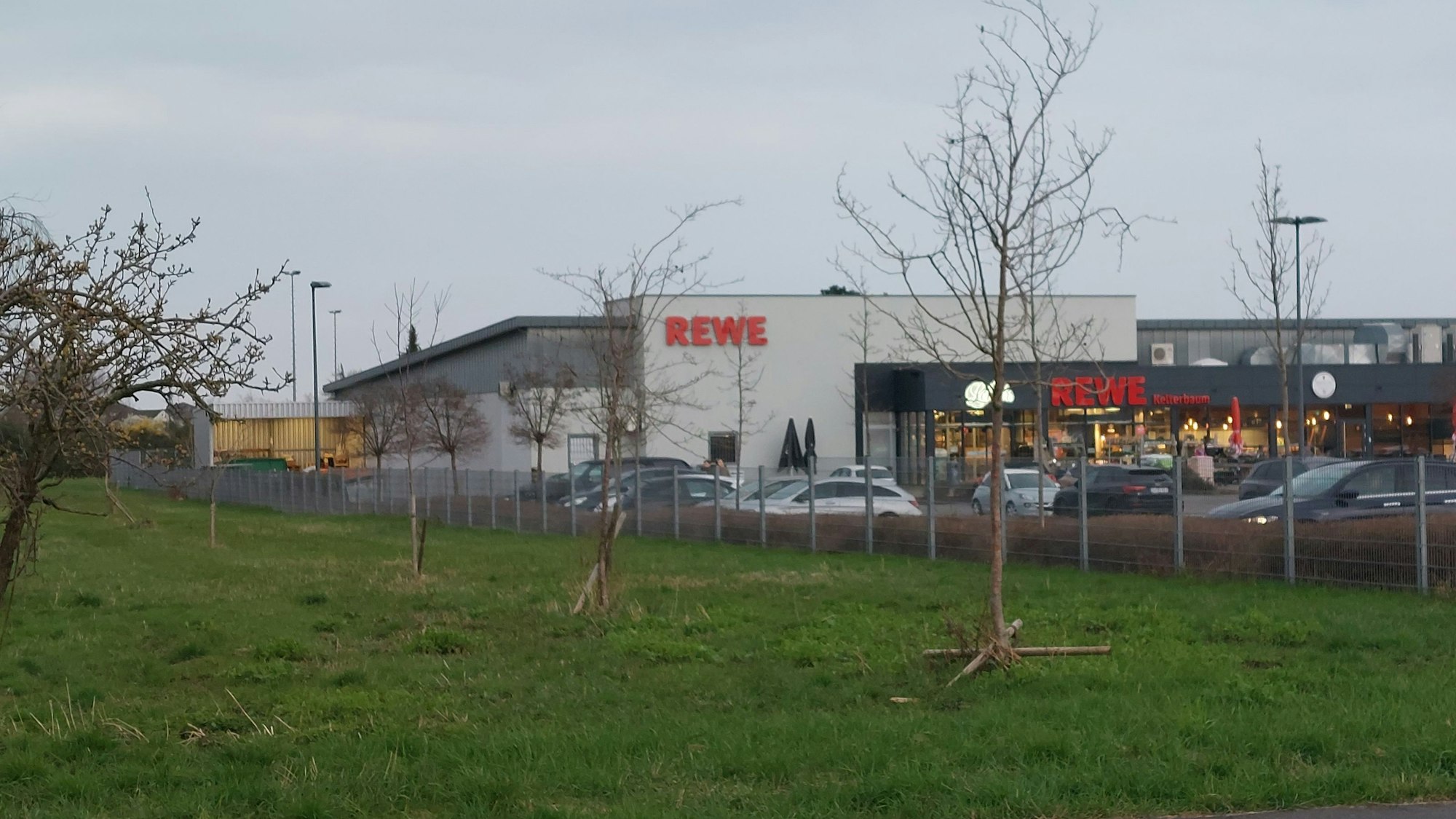Ein Rewe-Supermarkt mit parkenden Autos. Links angrenzend an das Grundstück eine Wiese mit einigen Bäumen.