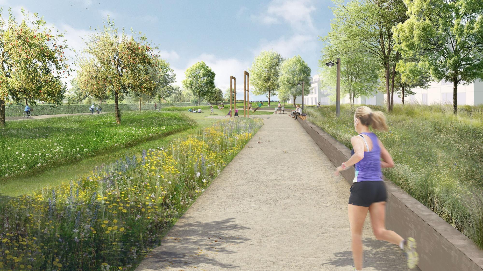 Eine Visualisierung zeigt einen Park mit blühenden Blumen, Bäumen und einer Joggerin.