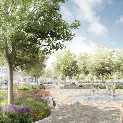 Eine Visualisierung zeigt einen Platz mit vielen Bäumen und Stauden und helles Pflaster mit einem Fontänenfeld.