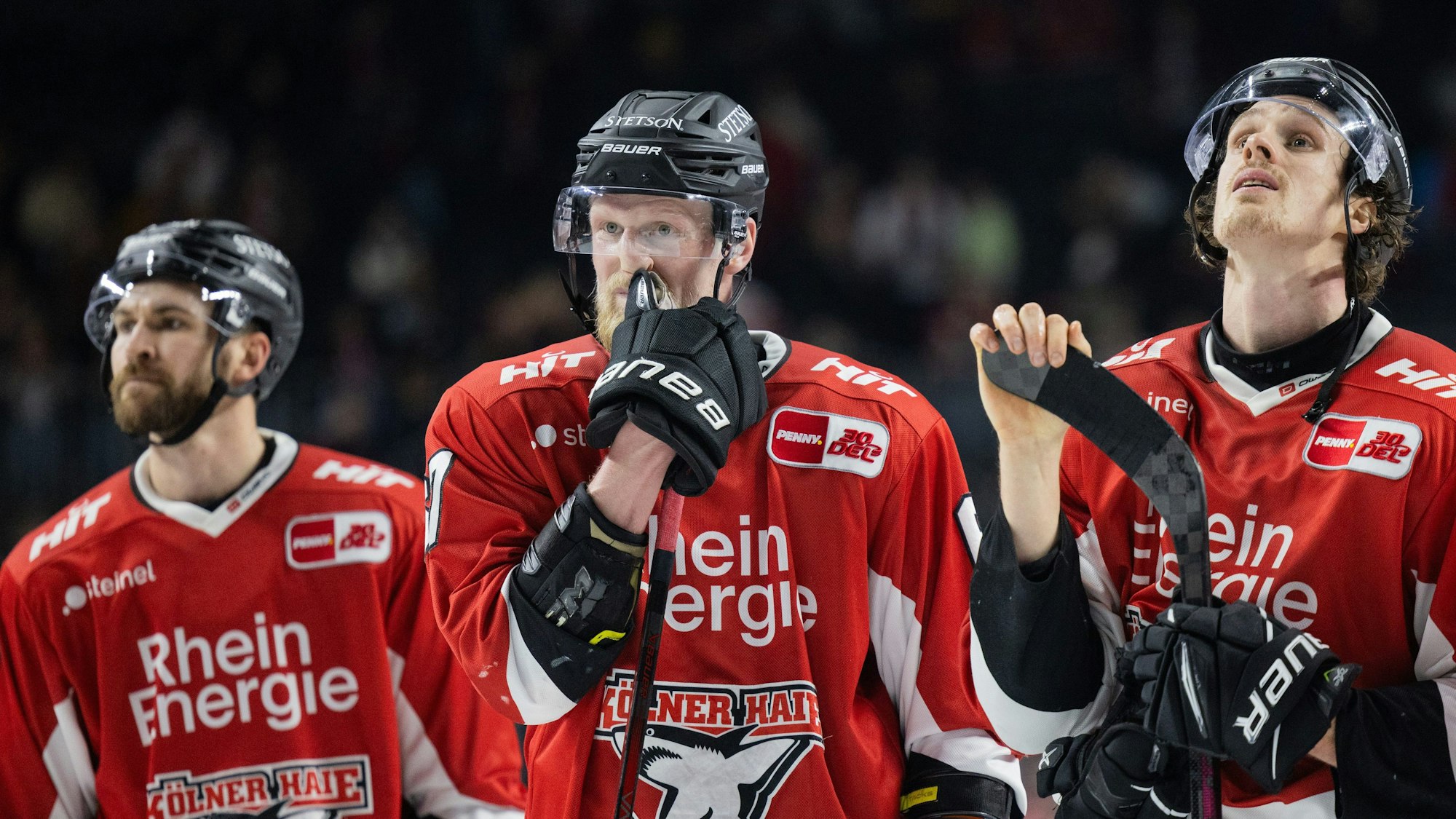 Die Kölner um Stanislav Dietz (M) stehen nach einer Niederlage gegen Mannheim auf dem Eis.
