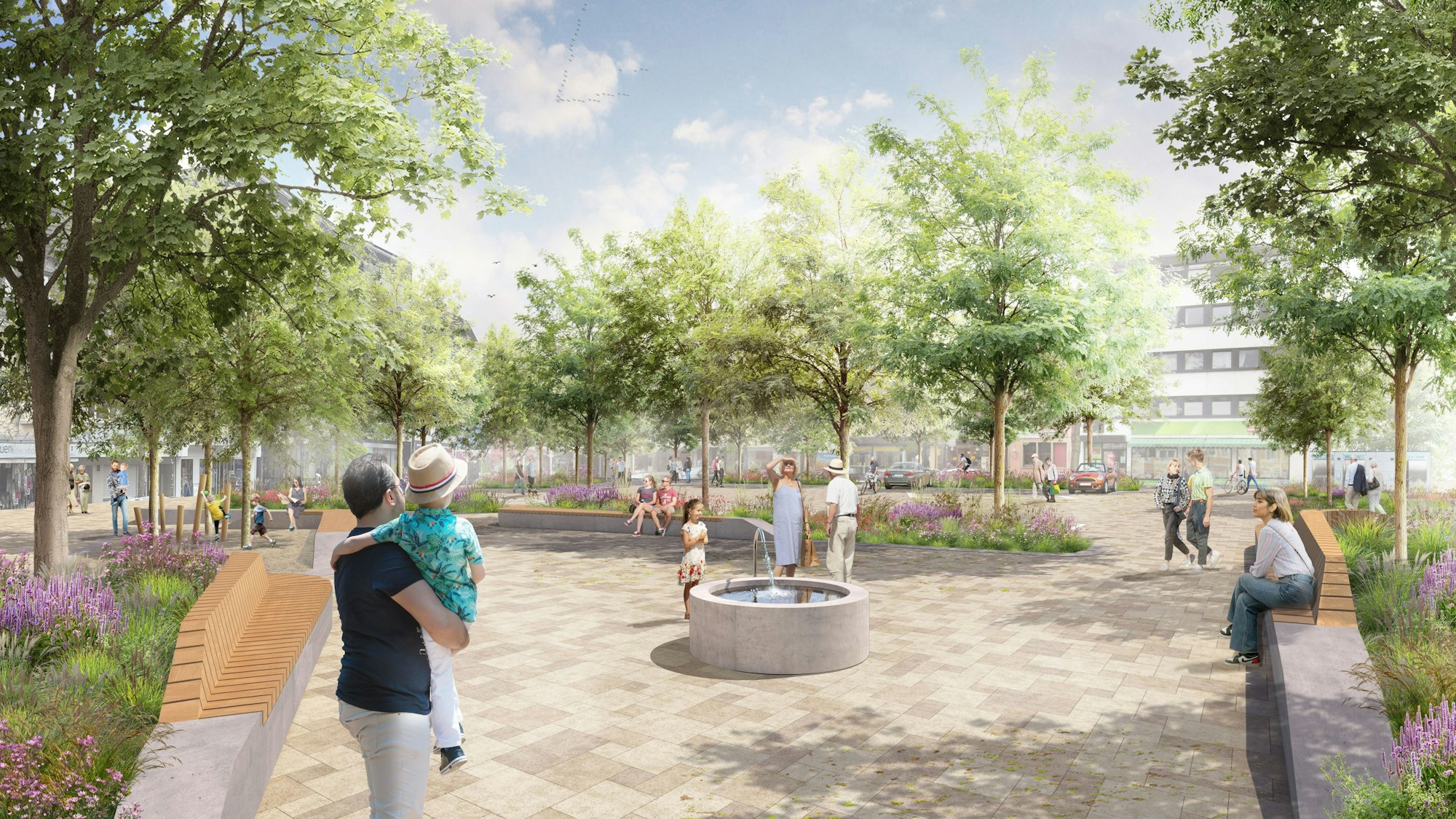 Die Visualisierung zeigt einen Entwurf der Landschaftsarchitekten von Club L94, der viel Grün, Sitzbänke und helles Pflaster zeigt.