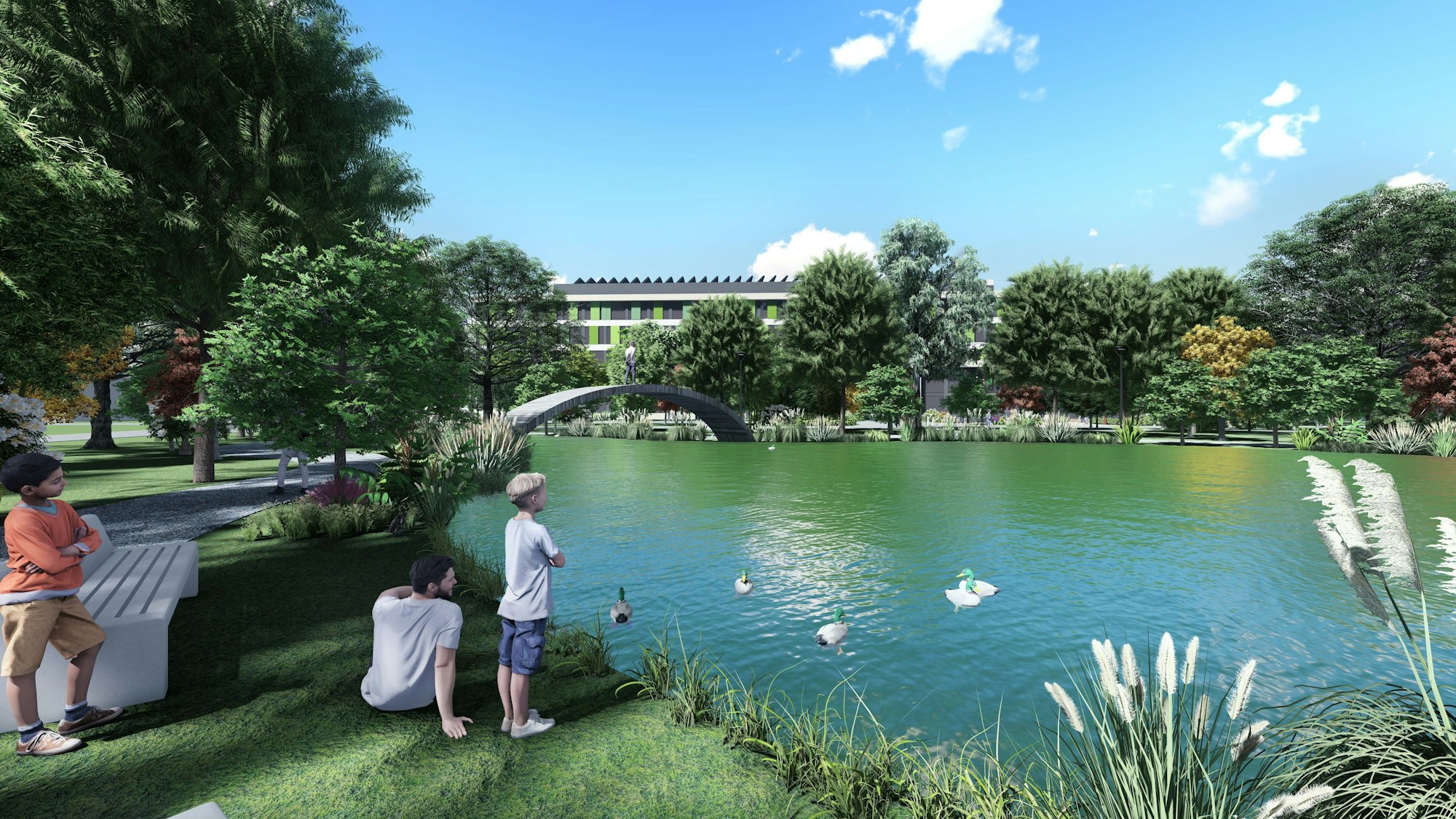 Die Visualisierung zeigt Menschen an einem See, im Hintergrund ist eine neue Kinderklinik zu sehen.