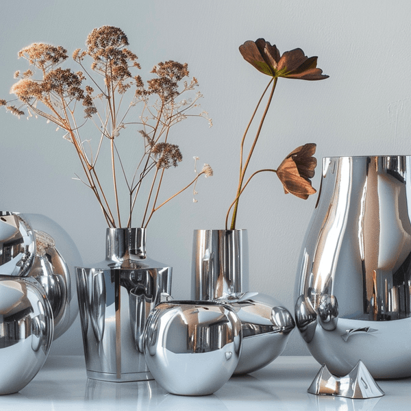 Illustration: Chromvasen mit Trockenblumen