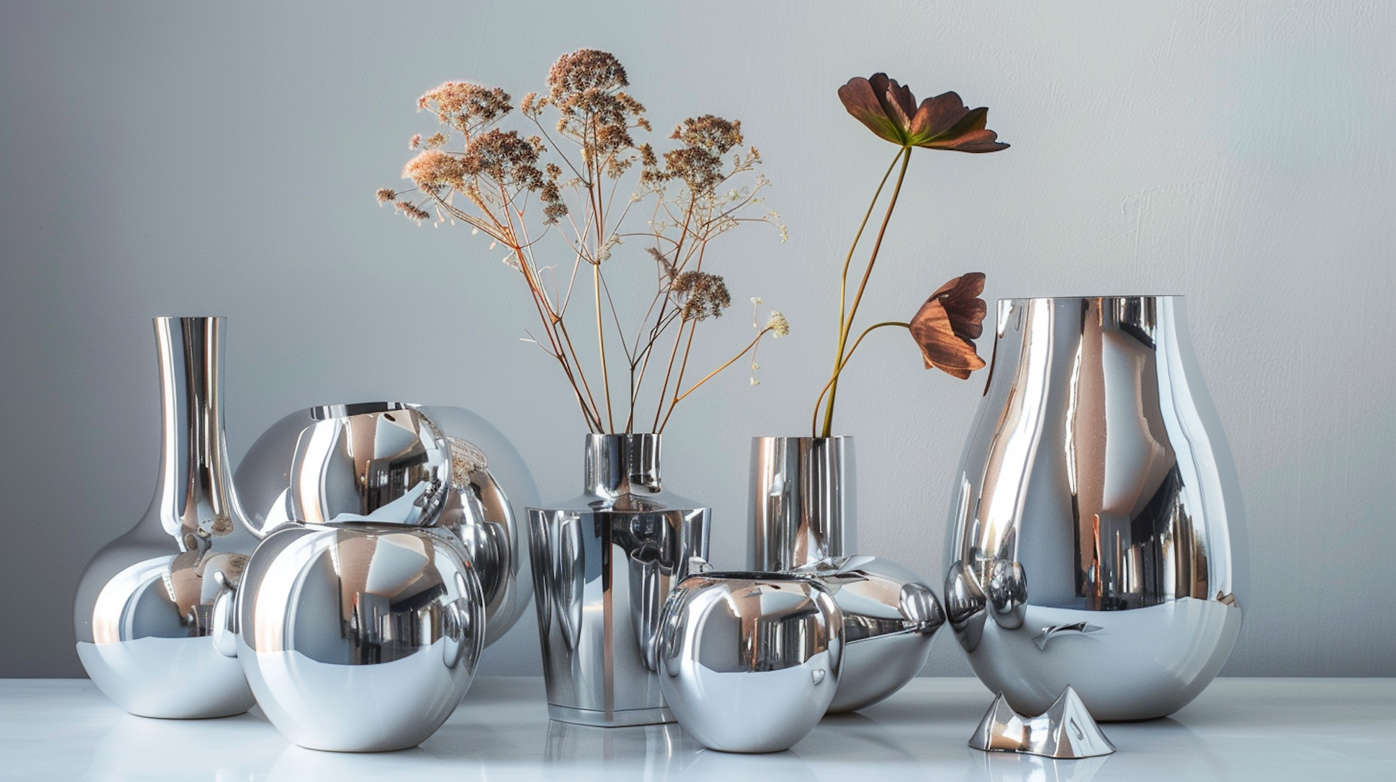 Illustration: Chromvasen mit Trockenblumen