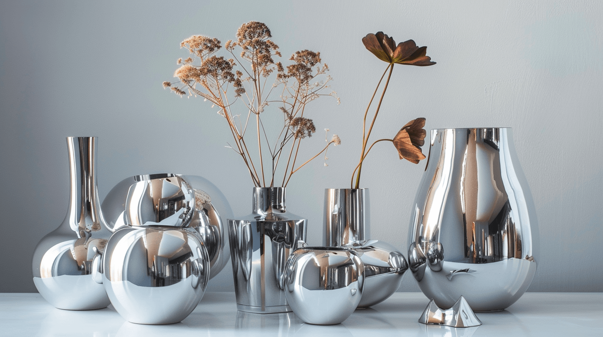Illustration: Chromvasen mit Trockenblumen