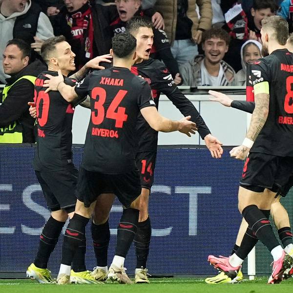 Leverkusen's Patrik Schick, 3rd from left, celebrates after scoring his side's second goal during the Europa League round of sixteen, second leg, soccer match between Bayer Leverkusen and Qarabag FK at the BayArena in Leverkusen, Germany, Thursday, March 14, 2024. (AP Photo/Martin Meissner)