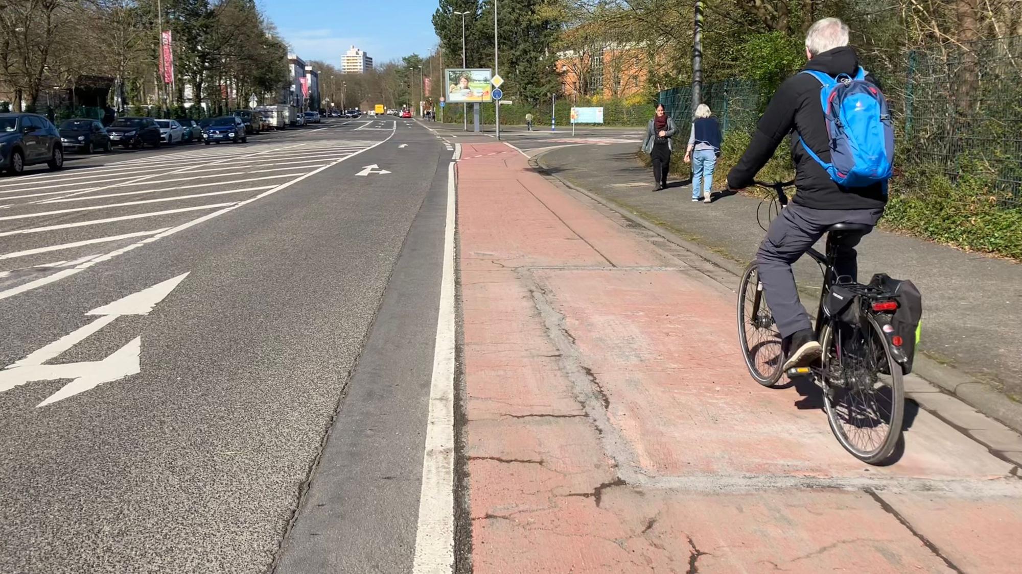 Zu sehen sind eine Straße und ein Radweg, auf dem ein Radfahrer fährt.