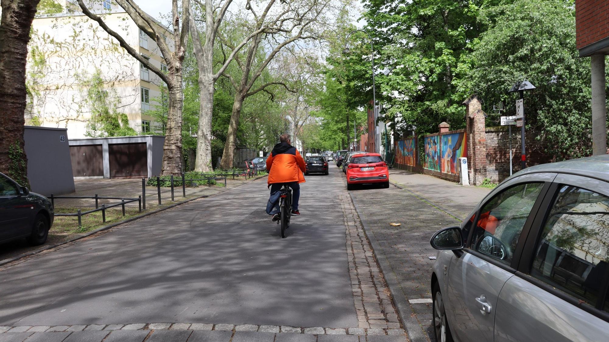 Blick auf eine schmale Straße, auf der gerade ein Radfahrer unterwegs ist