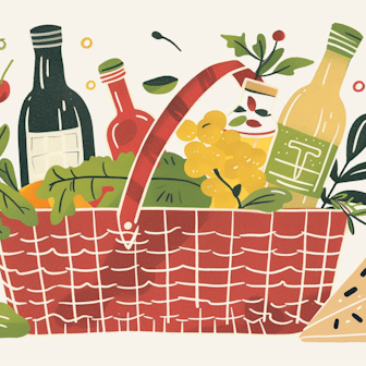 Illustration; Korb mit Obst, Gemüse und Saft