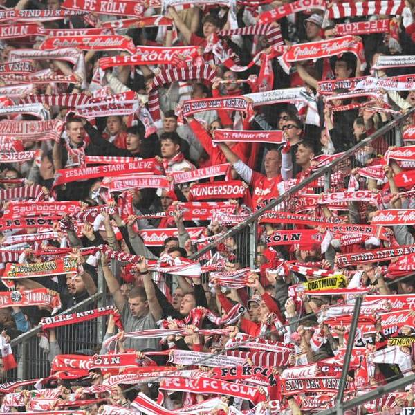 Fans des 1. FC Köln halten ihre rot-weißen Schals in die Höhe.
