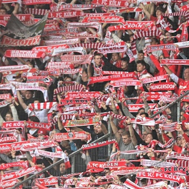 Fans des 1. FC Köln halten ihre rot-weißen Schals in die Höhe.