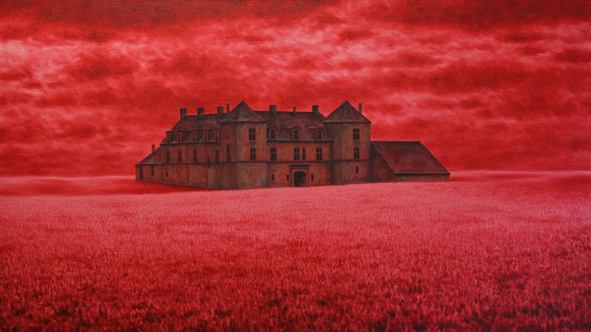 Das Foto zeigt das vor allem in Rottönen gehaltene Bild „Château Tharsis“ von Andreas M. Wiese, das in einer Ausstellung in der Galerie Lethert in Bad Münstereifel zu sehen ist.