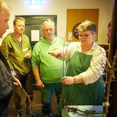 Teilnehmer schauen Astrid Heistert-Klink beim Schnitt aufmerksam zu.