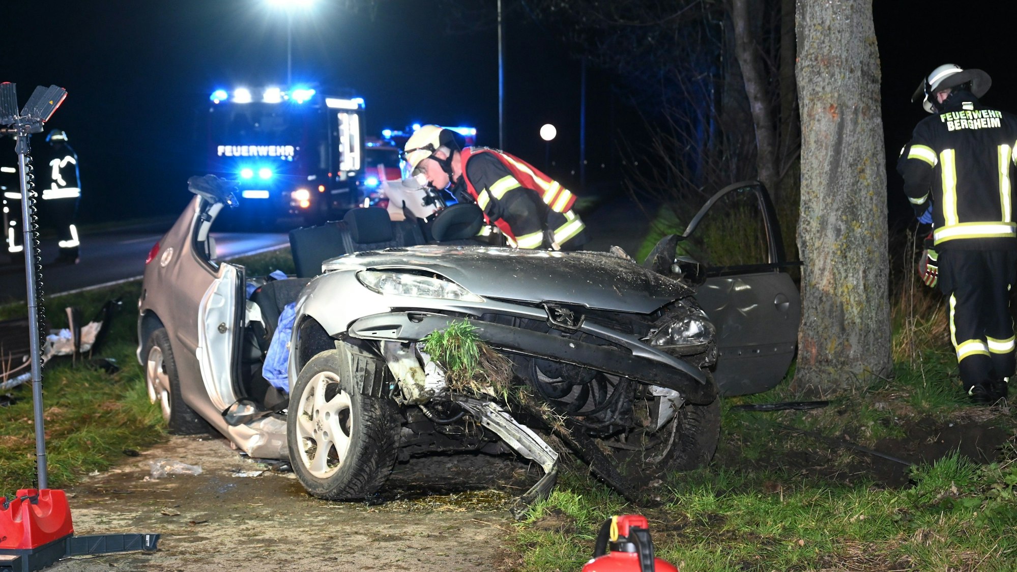 Ein zerstörtes Auto neben einem Baum.