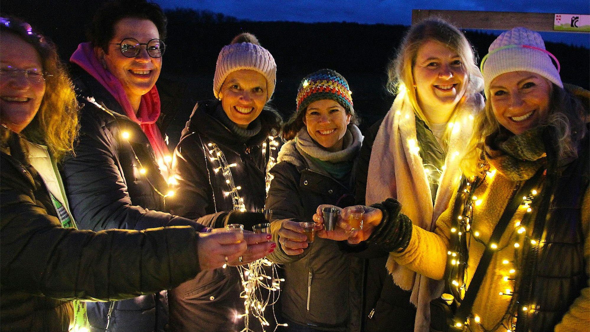 Sechs Frauen mit Lichterketten stoßen mit Gläsern an.
