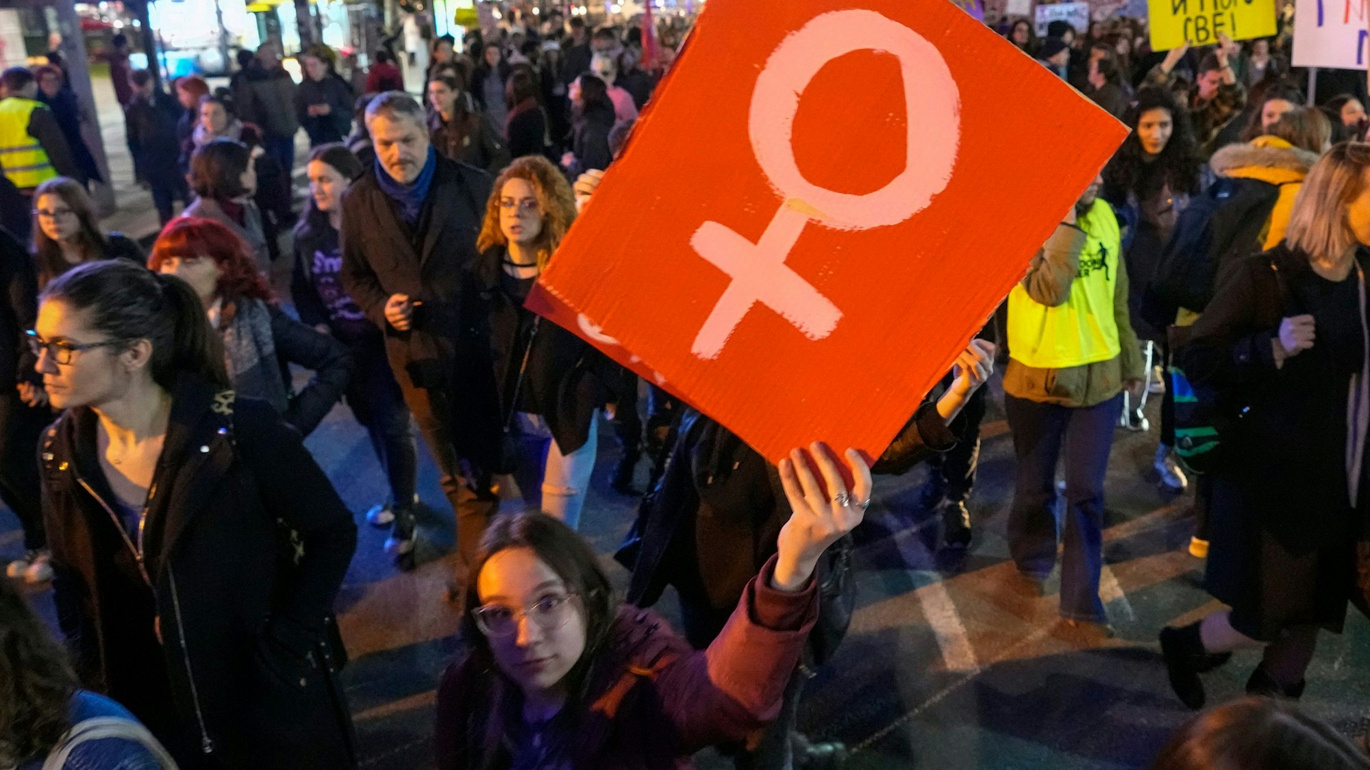 Das Bild zeigt eine demonstrierende Frau, die ein Schild in die Höhe reckt.