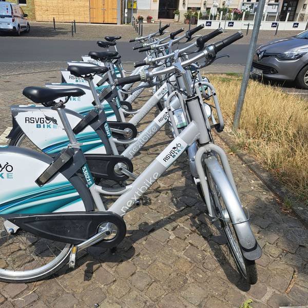 Mehrere graue Fahrräder mit einem großen Hinterradschutz, auf dem der Schriftzug RSVG-Bike steht.