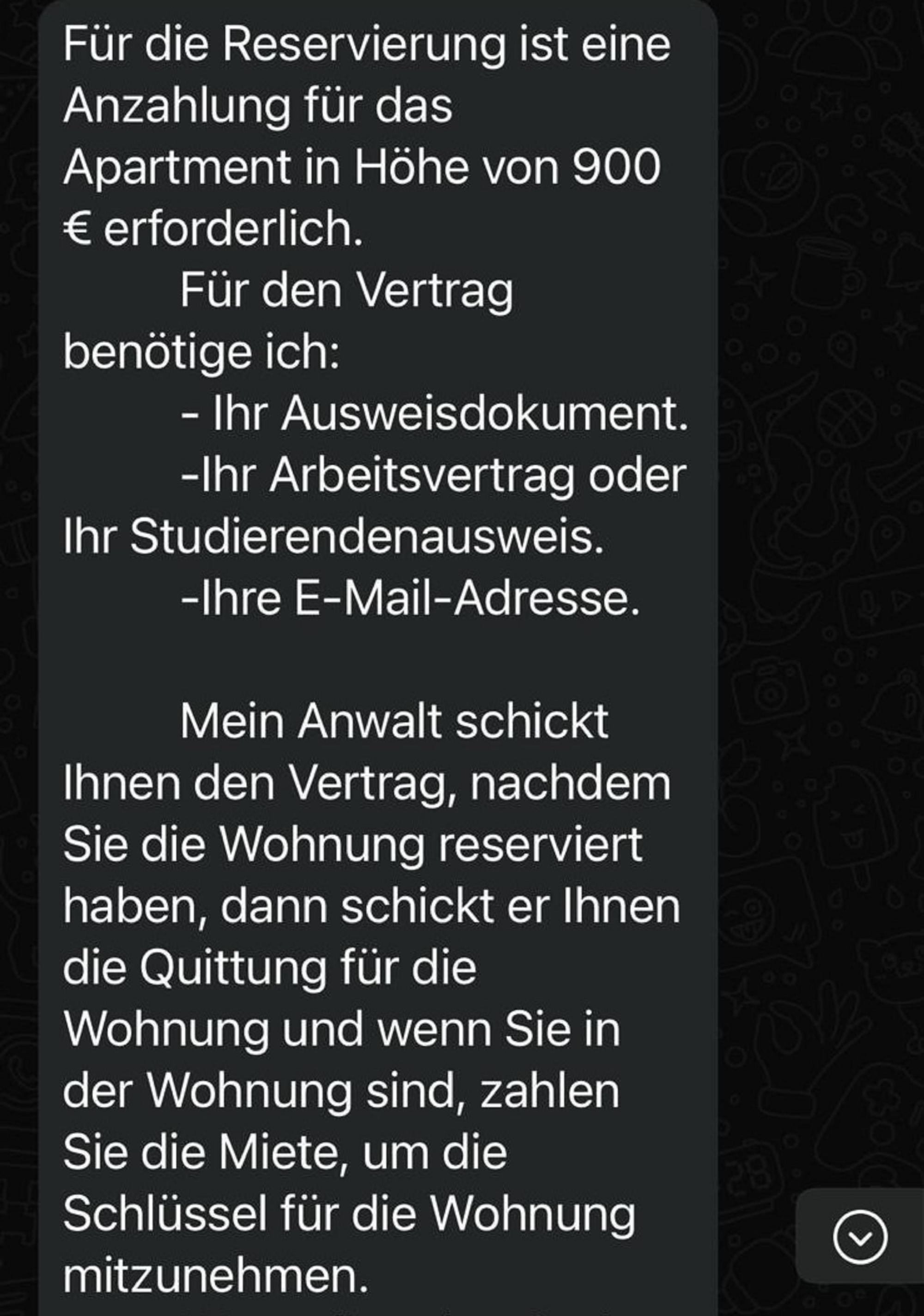 Eine Whatsapp-Nachricht eines Immobilienbetrügers