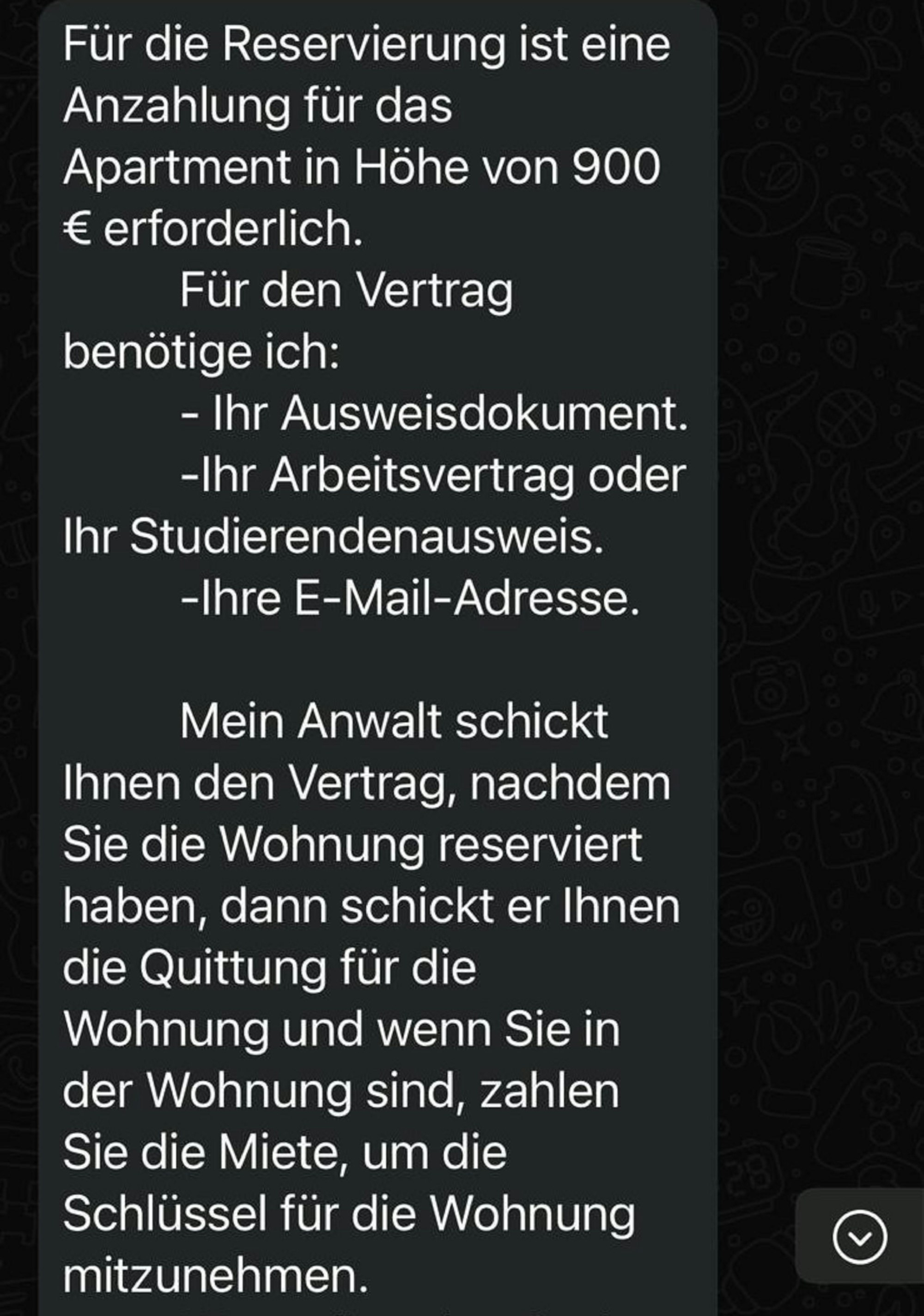 Eine Whatsapp-Nachricht eines Immobilienbetrügers