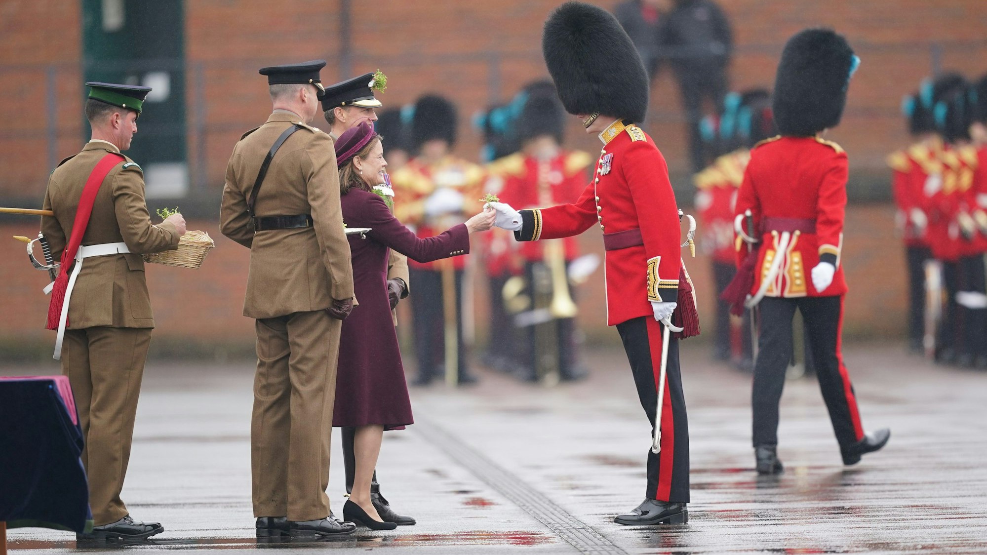 Lady Ghika, die Ehefrau des Oberstleutnants des Regiments, Generalmajor Sir Christopher Ghika, tritt auf dem Paradeplatz in der Mons Barracks vor, um während der St. Patrick's Day-Parade den Offizieren und Offiziersanwärtern Kleeblätter zu überreichen.