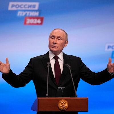 Russian President Vladimir Putin speaks on a visit to his campaign headquarters after a presidential election in Moscow, early Monday, March 18, 2024. (AP Photo/Alexander Zemlianichenko)